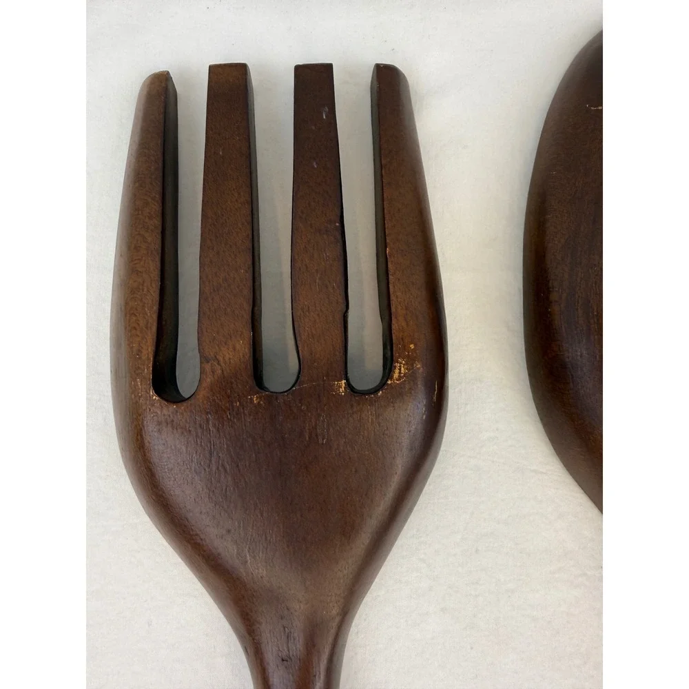 Vintage Hand Carved Wooden Tiki Totem Salad Serving Set Fork Spoon Wall Decor